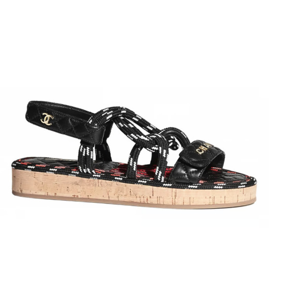 Chanel 20S White Black Cord Rope Quilted CC Logo Mule Slide Strap Sandal Flat 36 - Picture 1 of 12